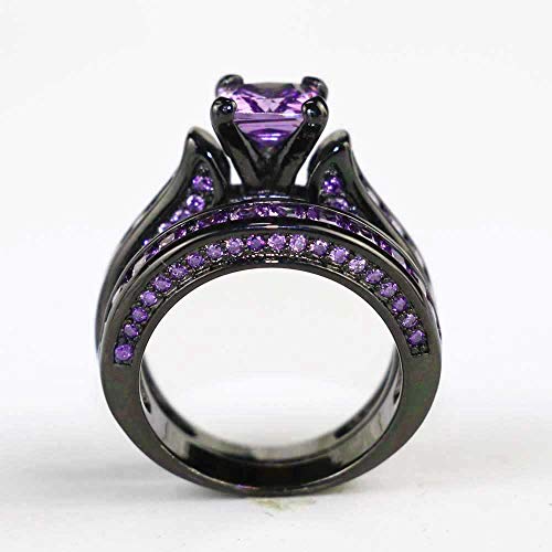 Couple Ring Bridal Sets His And Hers Women Black Gold Filled Square Violet CZ Men Tungsten Carbide Band Wedding Ring Band Set - size: women's size 7 & men's size 9