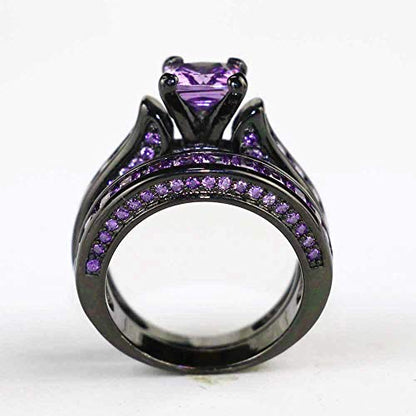 Couple Ring Bridal Sets His And Hers Women Black Gold Filled Square Violet CZ Men Tungsten Carbide Band Wedding Ring Band Set - size: women's size 7 & men's size 9