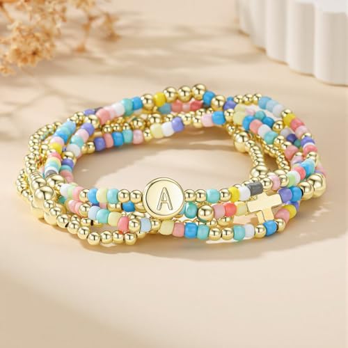M MOOHAM Bracelets for Girls - 5PCS Colorful Beaded Bracelets Cross Bracelet Disc Letter A-Z Initial Bracelet Stretch Stackable Bracelet Set for Women Girls, Birthday Gift Christian Jewelry - color: M