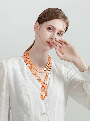 Firstmeet Flat Round Coin Shell Beads Long Knotted Necklace Natural Mother of Pearl Handmade Jewelry For Women - color: Orange