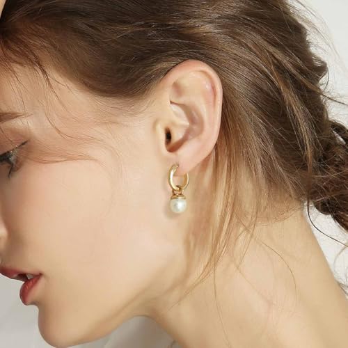 Small Chunky Gold Hoop Earrings For Women, 14k Gold Thick statement huggie hoop earrings Trendy Hoop Earrings Set Hypoallergenic Fashion Earrings - color: Pearl drop