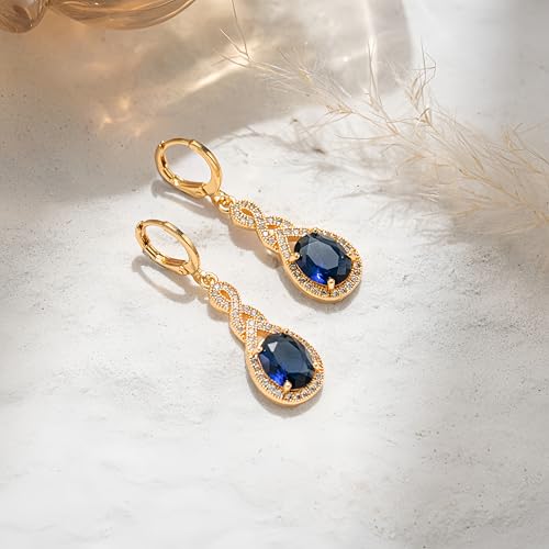 18K Gold Plated Flower Dangle Earrings for Women, Hypoallergenic Cubic Zirconia Earrings, Elegant CZ Drop Earrings, Statement Jewelry Gifts Party Fashion - style: OBS0470-Navy