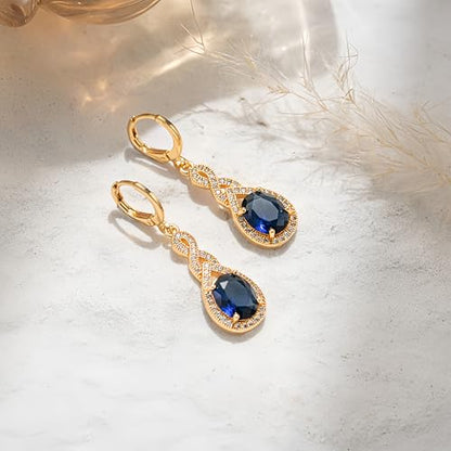 18K Gold Plated Flower Dangle Earrings for Women, Hypoallergenic Cubic Zirconia Earrings, Elegant CZ Drop Earrings, Statement Jewelry Gifts Party Fashion - style: OBS0470-Navy