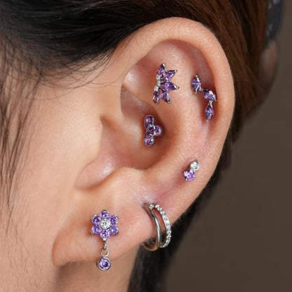 FINE4U 1PC ASTM F136 Titanium 16G Flatback Stud for Tragus, Helix, Conch 6mm 8mm - Screw on Cartilage Earring Piercing Jewelry - color: Flower CZ - Amethyst - Tit