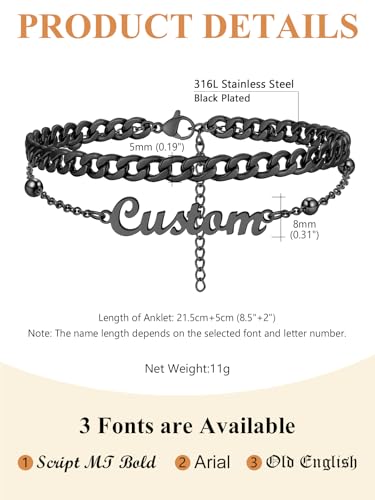 Custom4U Custom Name Anklet Bracelets for Women Waterproof Beaded/Figaro/Cuban/Rope/Wheat Chain Anklet Stackable Gold Plated Non Tarnish Custom Beach Gift Barefoot Summer Jewelry for Her - color: B03-Black Cuban Chain