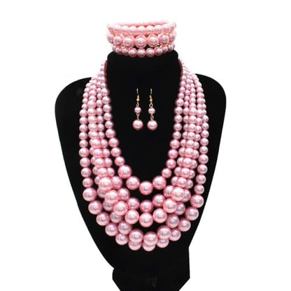 Faux Big Pearl Srand Necklaces for Women 5 Layers Pearls Choker Bib Collar Necklace Bracelet and Earrings set 1920s Costume Pearl Jewelry Bridal Wedding - color: pink