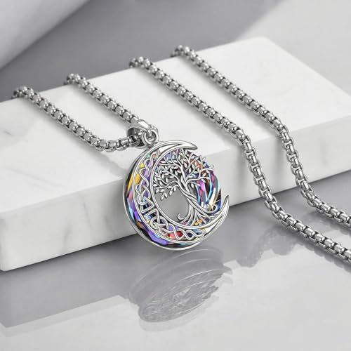 Tree of Life Necklaces S925 Sterling Silver Crystal Tree of Life Pendant Necklace Celtic Knot Moon Tree of Life Jewelry for Women Gifts - color: Volcano Crystal