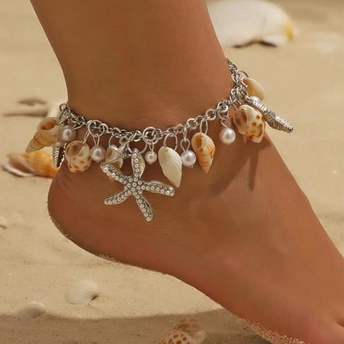 RUOFFETA Shell Starfish Necklace Bracelet Conch Statement Chunky Necklace Mermaid Costume Jewelry Beach Jewelry for Women - style: Anklet Silver