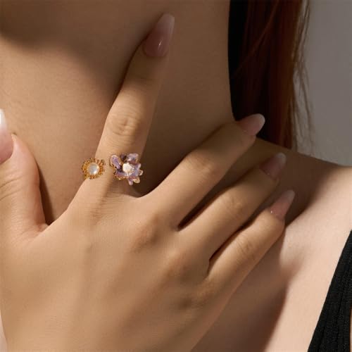 Kokoma Flower Pearl Statement Ring for Women Trendy Enamel Purple Floral Pearls Wrap Adjustable Open Band Rings Engagement Promsie Bands Jewelry