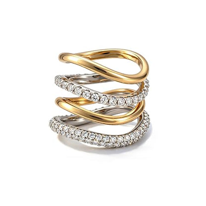 Stackable Gold Rings for Women Wavy Band Mixed Metals Dainty 14K Gold Plated Cubic Zirconia Wedding Ring Set Minimalist Promise Engagement Eternity Ring Stack Jewelry Size 5-11