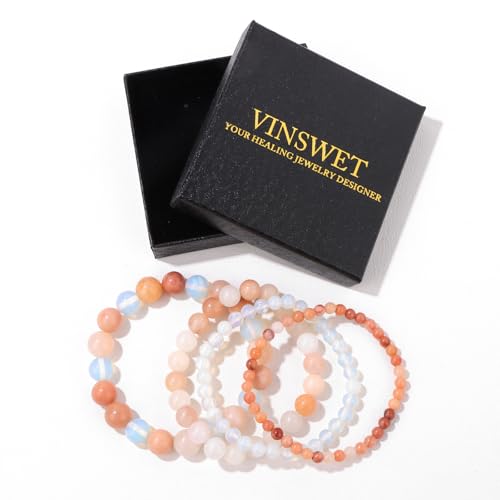 Vinswet 4pcs Beaded Bracelets for Women,Natural Healing Crystal Gemstones Bracelet,Anxiety Stress Relief Bracelet Handmade purple Jewelry Gifts for Women - color: Pink aventurine&Opal&Pink Crystal