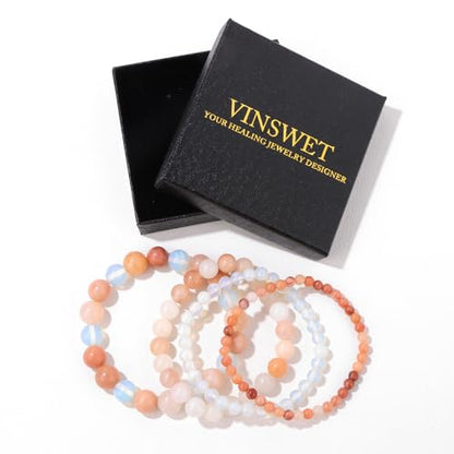 Vinswet 4pcs Beaded Bracelets for Women,Natural Healing Crystal Gemstones Bracelet,Anxiety Stress Relief Bracelet Handmade purple Jewelry Gifts for Women - color: Pink aventurine&Opal&Pink Crystal