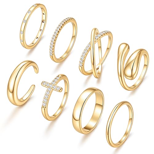 iF YOU Non Tarnish Chunky Gold Rings for Women, 14K Gold Plated Dainty Stackable Cross Cubic Zirconia Ring Set, Knuckle Stacking Pinky Thumb Ring Statement Wedding Bands Jewelry Size 4.5-10 - color: Gold