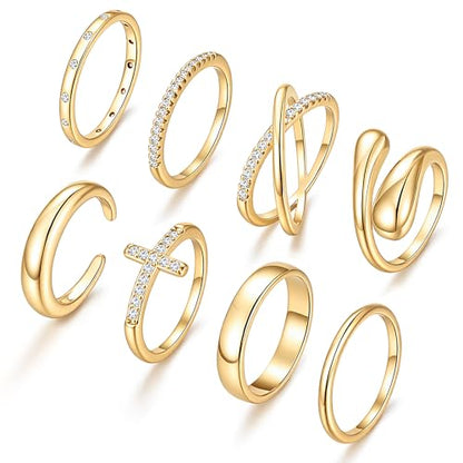 iF YOU Non Tarnish Chunky Gold Rings for Women, 14K Gold Plated Dainty Stackable Cross Cubic Zirconia Ring Set, Knuckle Stacking Pinky Thumb Ring Statement Wedding Bands Jewelry Size 4.5-10 - color: Gold