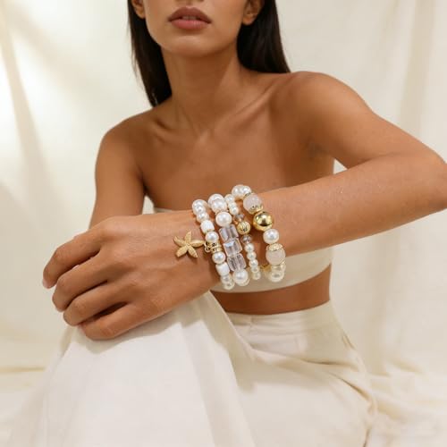 Bohemian Pearl Bracelet Set, 4 Piece Elastic Stretch Beaded Wrist Chain with Starfish Pendant, Boho Faux Pearl Multi-Color Stackable Bracelets for Women - color: Clear