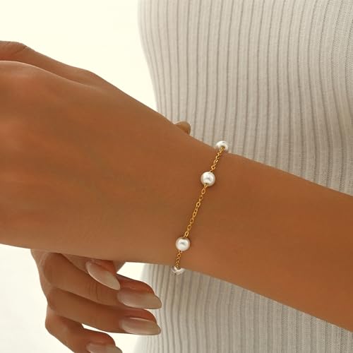 18K Gold Plated Pearl Beaded Cross Bracelets for Women Adjustable Stainless Steel Dainty Thin Gold Box Cuban Twisted Link Chain Bracelet Bridesmaid Jewelry Gifts - color: Multi Pearls-Gold