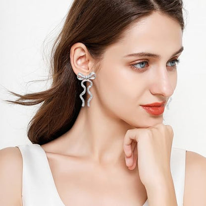 Gold Silver Bow Drop Earrings for Women Long Tassel Chain Bow Earrings Ribbon Bowknot Dangle Earrings Jewelry Gifts - color: Silver Bow D