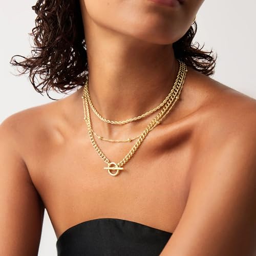 Turandoss Layered Necklaces for Women, 14K Gold Plated Chain Necklace Stack | Non Tarnish Gold Necklaces for Women, Toggle Clasp Herringbone Rope Satellite Cuban Link Chain Necklace, Trendy Jewelry Gifts - color: " rope+satellite+toggle-G