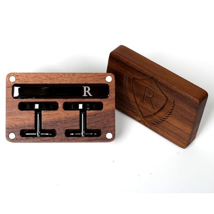 Mens Initial Cufflinks and Tie Clip A-Z Alphabet Letter Black Stainless Cuff Links Tie Bar with Engraved Walnut Wood Box Groom Groomsman Wedding Set - style: Classic-R