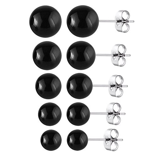 Jewelrieshop Faux Pearl Stud Earrings 5 Pairs, Stainless Steel Hypoallergenic Starter Set for Women - color: Black