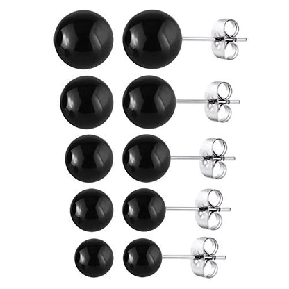 Jewelrieshop Faux Pearl Stud Earrings 5 Pairs, Stainless Steel Hypoallergenic Starter Set for Women - color: Black