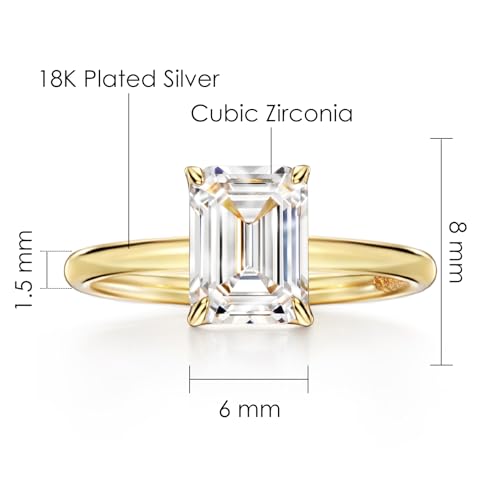 Michooyel 925 Sterling Silver 2ct Cubic Zirconia Engagement Ring for Women, Emerald Cut CZ Solitaire Promise Rings 18K Gold/Rhodium Plated Rings Size 5-9 - color: Gold