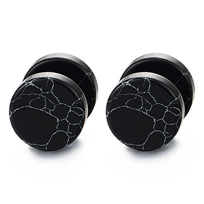 2pcs Marble Stud Earrings Men Women, Steel Cheater Fake Ear Plugs Gauges Illusion Tunnel - color: F-Black Color, size: Wide:10MM