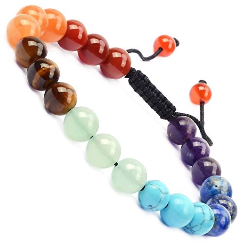 MASSIVE BEADS Natural Healing Power Gemstone Crystal Beads Unisex Adjustable Macrame Bracelets - color: 7-Chakra Stones, size: 8mm
