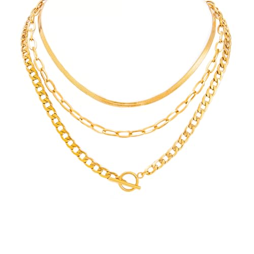 Layered Silver Chain Necklace for Women Chunky Stainless Steel Chains Necklaces Trendy Cuban Link Paperclip Chain Toggle Clasp Choker Necklace Stack Set Jewelry - color: Gold