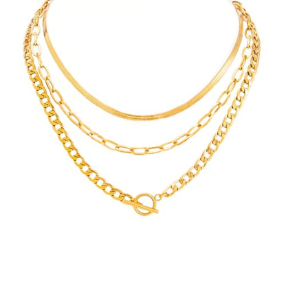 Layered Silver Chain Necklace for Women Chunky Stainless Steel Chains Necklaces Trendy Cuban Link Paperclip Chain Toggle Clasp Choker Necklace Stack Set Jewelry - color: Gold