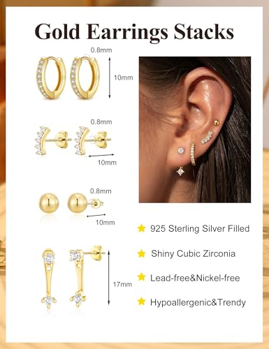 Small Gold Earring Stack Trendy 925 Sterling Silver Earrings for Women Hypoallergenic 14K Gold Plated Cubic Zirconia Stud Hoop Non Tarnish Huggie Hoop Earrings Set for Multiple Piercing Jewelry Gift - style: Gold: 1 Pairs of Hoops + 3 Pair of Studs