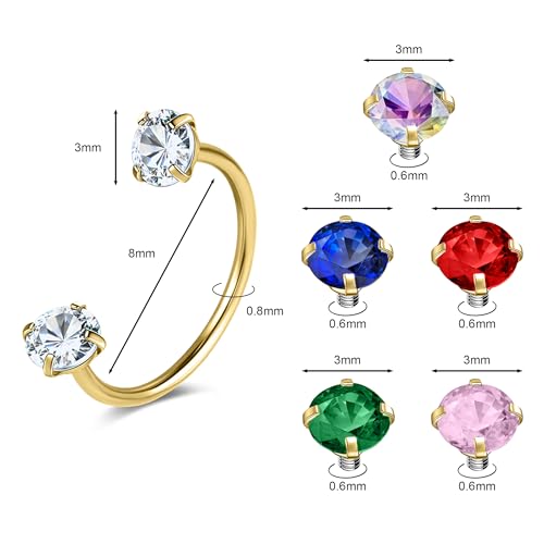 G23 Titanium 20G Horseshoe Nose Rings | Horse Shoe Nose Ring Hoops, Surgical Steel Half Cartilage Tragus Earring Hoop, Internally Threaded, Double Cubic Zirconia - style: 1PCS 8MM-Gold Ring, 5Pairs Top