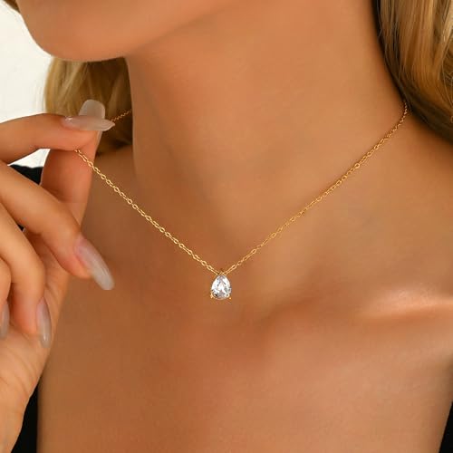 Cubic Zirconia Necklaces for Women 18K Gold Plated Tear drop Necklace Dainty Layered CZ Lariat Diamond Necklace - color: White Teardrop-Gold