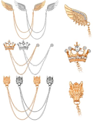 6 Pieces Men's Tassel Chain Brooch Collar Pins Wedding Brooches Collar Pins Wings Wolf Head Crown Lapel Suit Shirt Tuxedo Accessories for Wedding Anniversary Birthday Party Gift Business Office