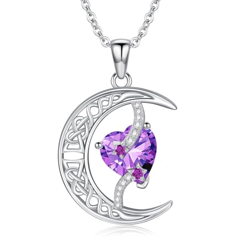TOUPOP Moon and Star Birthstone Necklace for Women 925 Sterling Silver Celtic Moon Jewelry Birthday Mothers Day Gifts for Mom Wife Her - color: 02-February-Amethyst