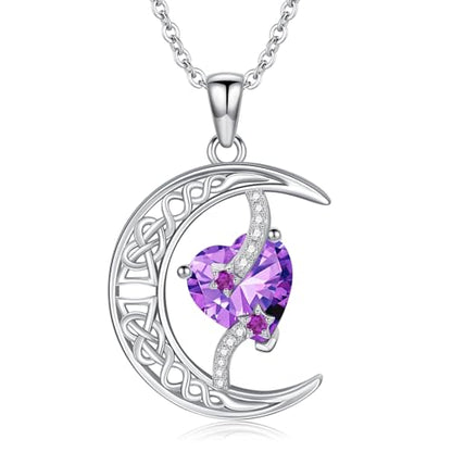 TOUPOP Moon and Star Birthstone Necklace for Women 925 Sterling Silver Celtic Moon Jewelry Birthday Mothers Day Gifts for Mom Wife Her - color: 02-February-Amethyst