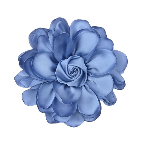 Satin Rose Flower Brooch Hair Clip for Women 4.3 Inch Floral Pin for Hats Dress Everyday Outfits Beach Vacations - color: Haze Blue