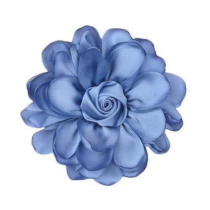 Satin Rose Flower Brooch Hair Clip for Women 4.3 Inch Floral Pin for Hats Dress Everyday Outfits Beach Vacations - color: Haze Blue