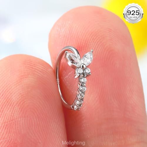 Melighting 20G Nose Ring Hoop 925 Sterling Silver Butterfly Flower Nose Hoop Seamless Open Helix Piercing Clear Double CZ 8 mm Cartilage Earring Nose Piercing for Women - color: Butterfly