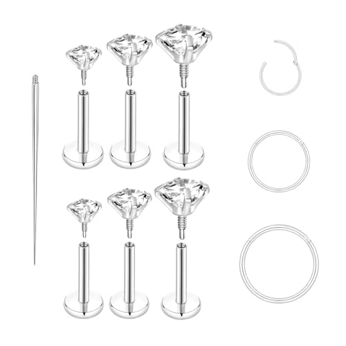 16G 18G Surgical Steel Internal Thread Stud Piercing Jewelry Set Nose Medusa Lip Labret Stud Hypoallergenic Clicker Hoop Septum Rings Cartilage Tragus Helix Conch Earrings for Women Men - color: 18G-10mm-silver