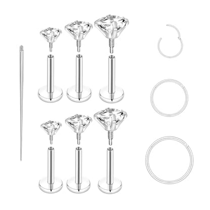 16G 18G Surgical Steel Internal Thread Stud Piercing Jewelry Set Nose Medusa Lip Labret Stud Hypoallergenic Clicker Hoop Septum Rings Cartilage Tragus Helix Conch Earrings for Women Men - color: 18G-8mm-silver