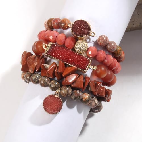 Yomisa 5PCS 6PCS Natural Boho Beaded Bracelets/Bangle for Women Men,Healing Turquoise Jasper Agate Crystal Gemstone Stone Chakra Multilayer Wrap Bohemian Handmade Jewelry Beads Stretch Bracelet Set - color: 5PCS-Red