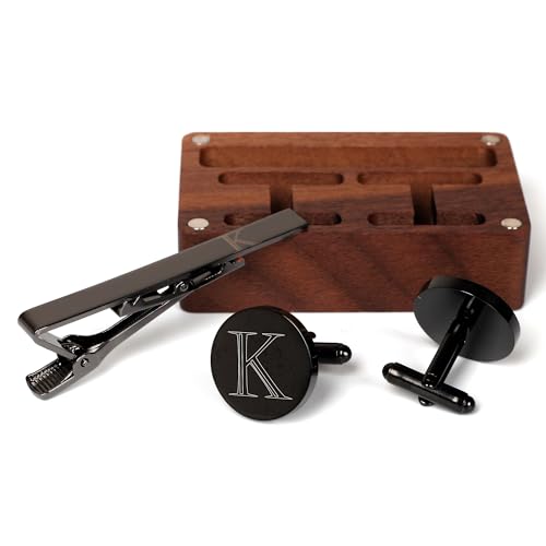 Mens Initial Cufflinks and Tie Clip A-Z Alphabet Letter Black Stainless Cuff Links Tie Bar with Engraved Walnut Wood Box Groom Groomsman Wedding Set - style: Classic-K
