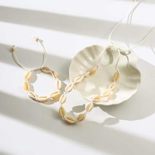 Starain 2Pcs Shell Necklace Anklet for Women Handmade Adjustable Puka Beach Shell Necklace Set - color: B-White