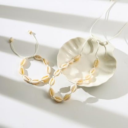 Starain 2Pcs Shell Necklace Anklet for Women Handmade Adjustable Puka Beach Shell Necklace Set - color: B-White