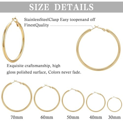 4/5/6 Pairs Gold Hoop Earrings for Women, Hypoallergenic Silver Gold Plated Stainless Steel Huggie Hoop Earrings Set Trendy Jewelry Gifts Lightweight 30/40/50/60/70MM - color: 5 Pairs gold Plated Hoop Earrings-30/40/50/60/70mm
