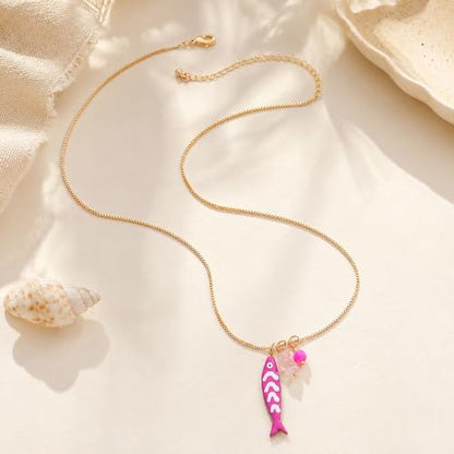 Fish Necklace for Women Gold Plated Fish Pendant Adjustable Necklace Bohemian Beach Jewelry - style: Pink fish