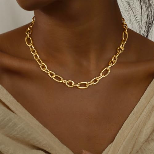 Gold Necklace for Women Chunky 14K Gold Plated Chain Necklace | Chunky Gold Necklace,Simple Paperclip Chain, Statement Choker Necklace,Non Tarnish,Trendy Jewelry,Gifts for Women - style: 10mm-paperclip chain-gd-2