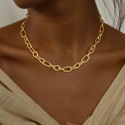 Gold Necklace for Women Chunky 14K Gold Plated Chain Necklace | Chunky Gold Necklace,Simple Paperclip Chain, Statement Choker Necklace,Non Tarnish,Trendy Jewelry,Gifts for Women - style: 10mm-paperclip chain-gd-2