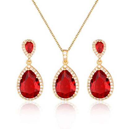 Bridal Jewelry Set for Wedding - 18k Plated Teardrop CZ Crystal Cubic Zirconia Rhinestone Necklace Earrings Set for Bride Bridesmaids Mother of Bride Party Prom Birthstone Costume Jewelry - color: Jul-Ruby